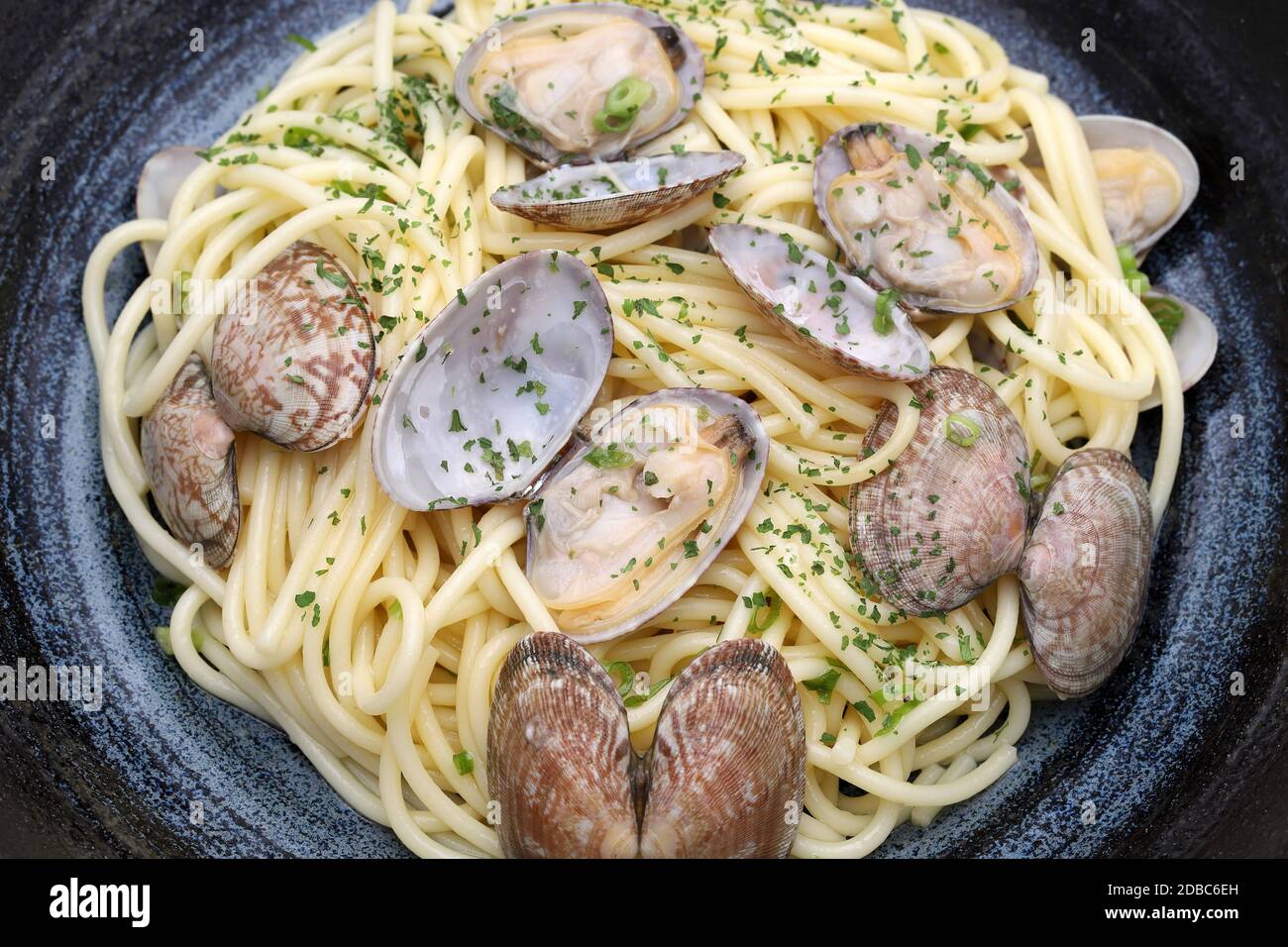Nahaufnahme der Vongole Spaghetti in einem Gericht Stockfoto