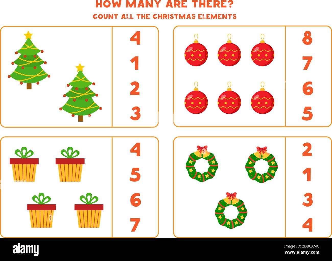 Zählspiel für Kinder. Mathe-Arbeitsblatt zum Thema Weihnachten. Stock Vektor