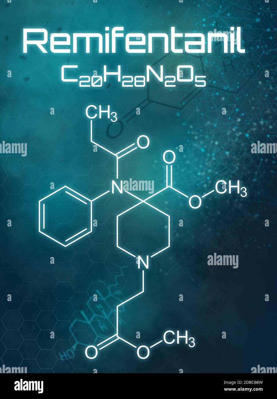 Chemische Formel von Remifentanil auf einem futuristischen Hintergrund Stockfoto