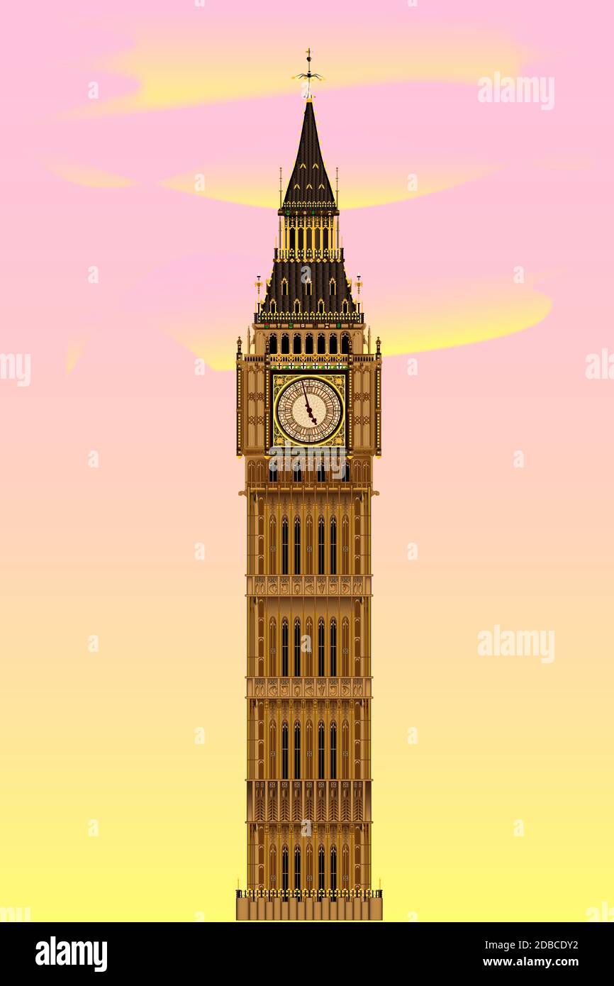 Der London Sehenswürdigkeiten Big Ben Uhrturm in der Dämmerung gegen einen rosa und gelb Himmel. Stockfoto