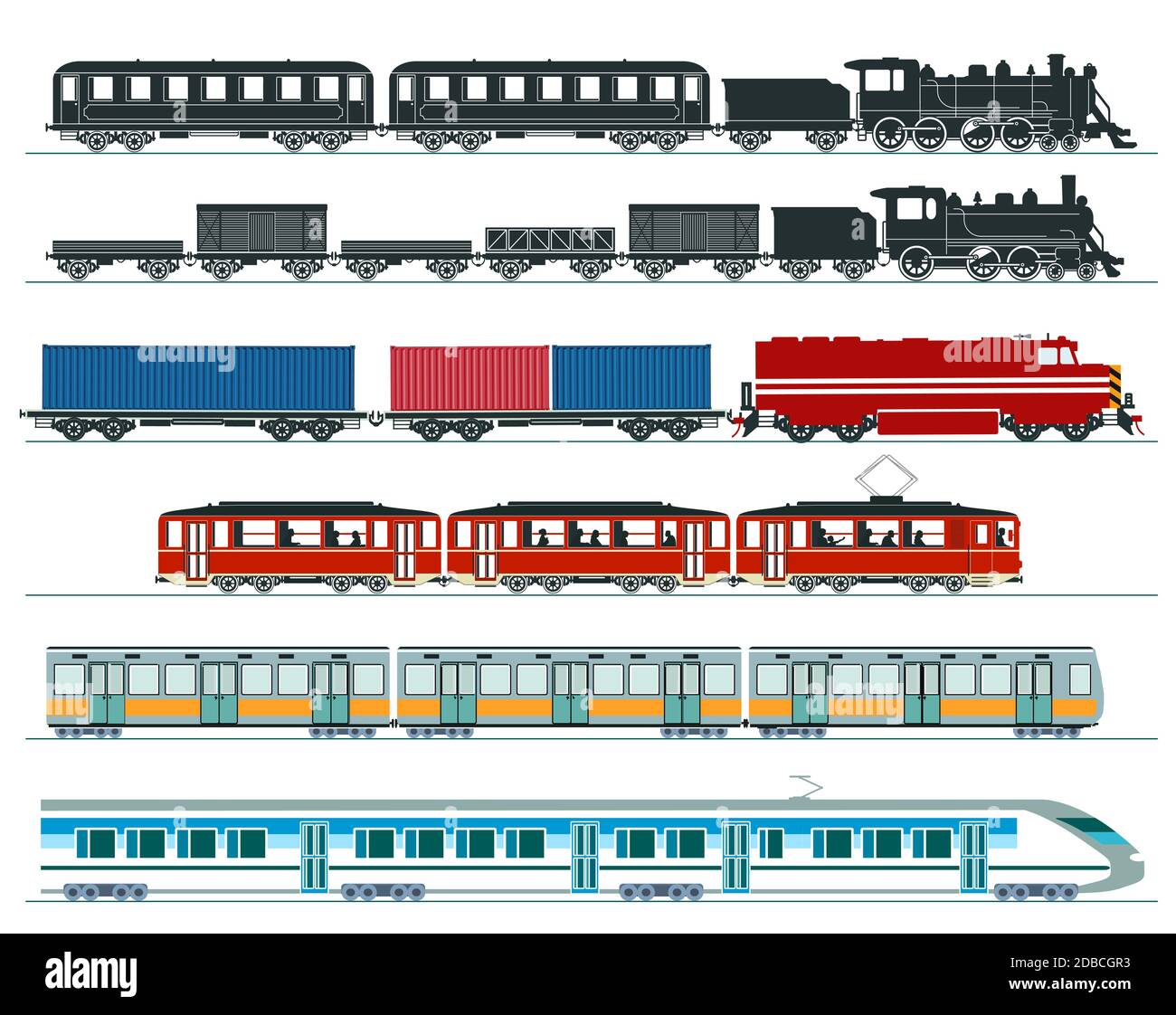 Personenzüge. U-Bahn, Hochgeschwindigkeitszüge, Dampfzug. Abbildung Stockfoto