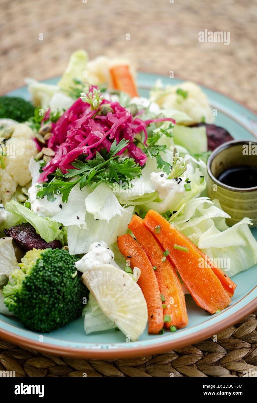 Rustikaler Hüttensalat mit gesundem, gedünstetem und frischem Gemüse Auf buntem Teller Stockfoto