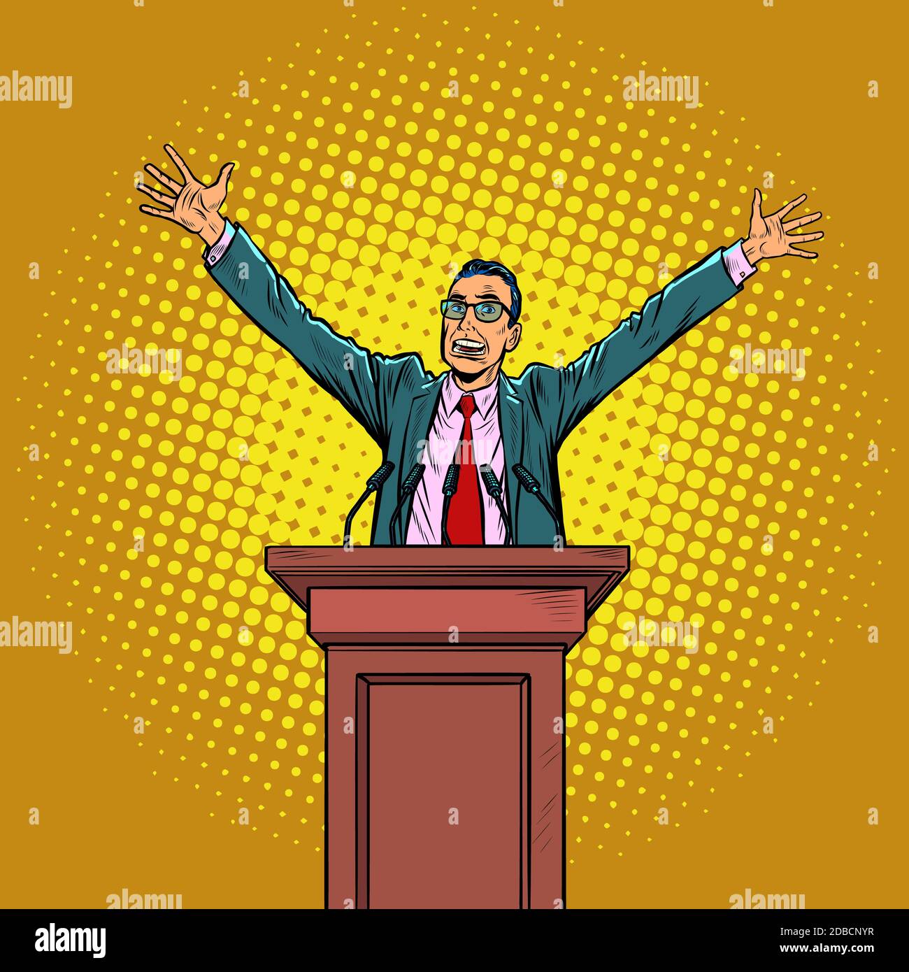 Glücklicher Politiker Mann auf dem Podium. Pop Art Retro Vektor ...