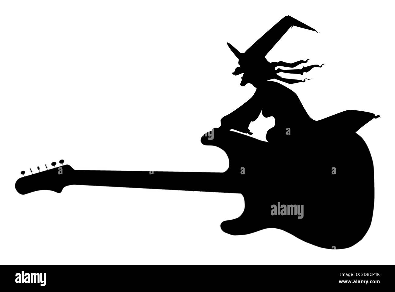 Eine Hexe, die auf einer magisch fliegenden E-Gitarre sitzt Stockfoto