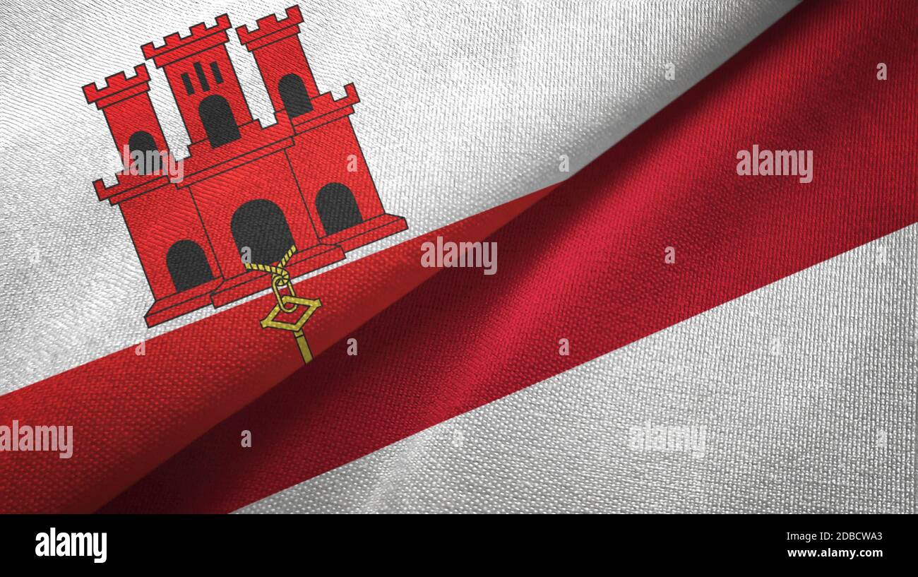 Gibraltar und Indonesien zwei Flaggen Textiltuch, Stoffstruktur Stockfoto
