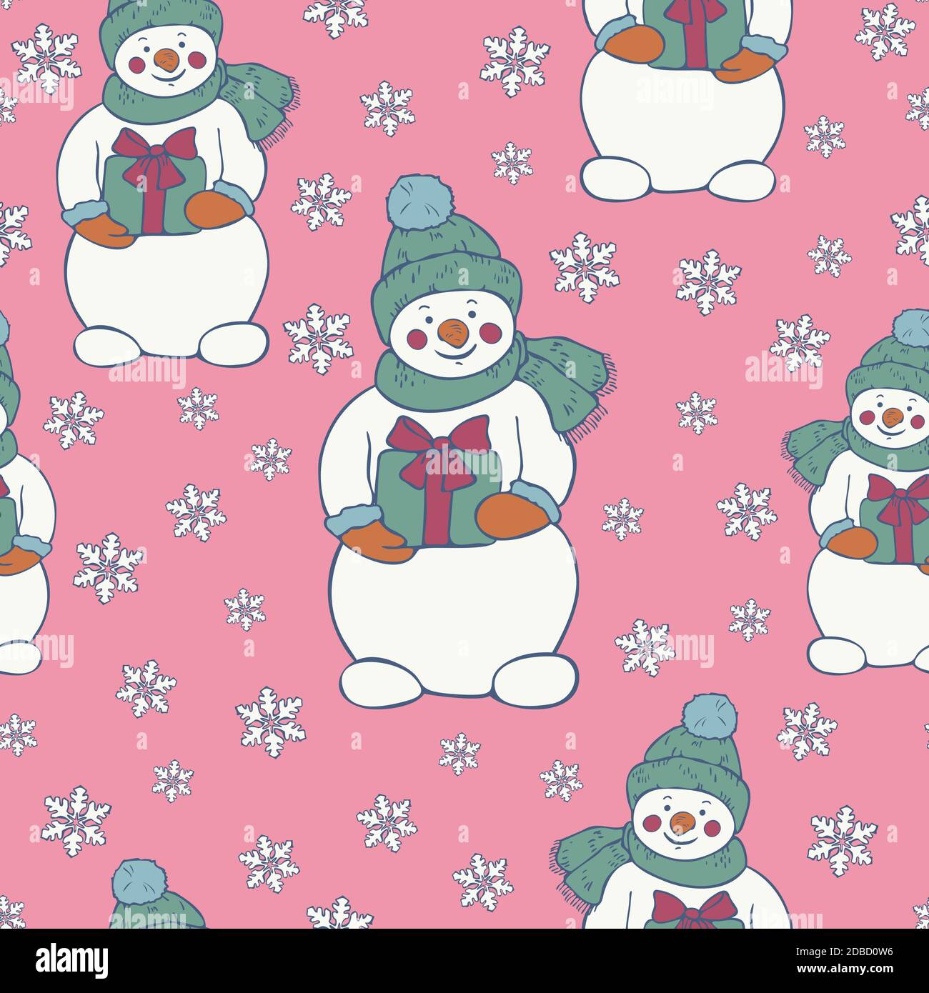 Vektor nahtlose Muster von Schneemännern und Schneeflocken auf einem hellrosa Hintergrund. Neujahr Weihnachtsdesign. Stock Vektor