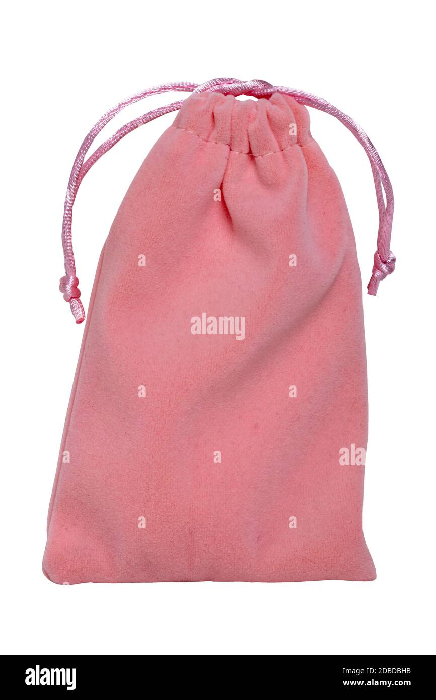Nahaufnahme eines rosa Stoff Geschenk Kordelzug Tasche oder Stofftasche auf einem weißen Hintergrund isoliert. Makrofoto mit Kopierbereich. Stockfoto