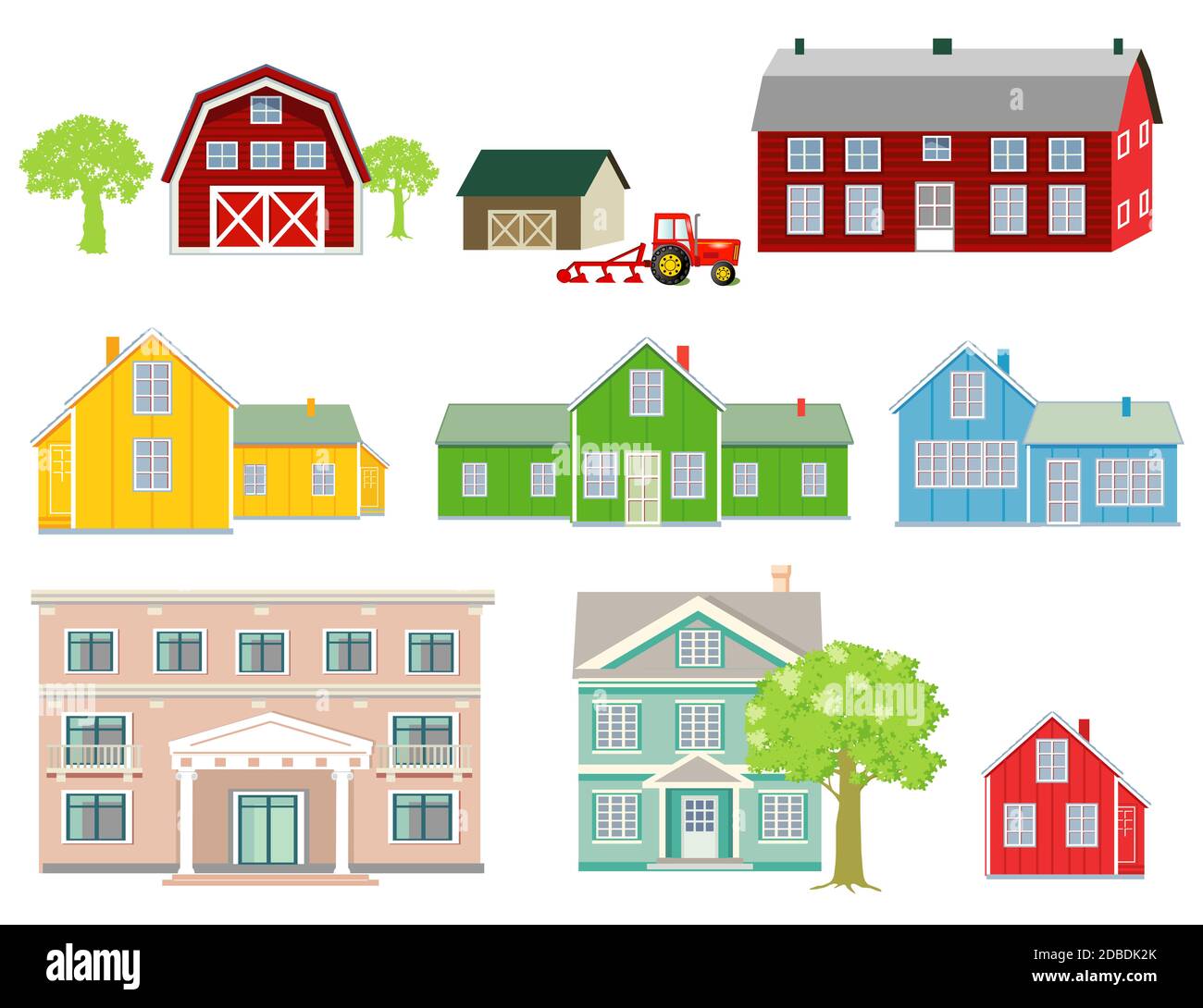 Verschiedene Holzhäuser, Bauernhäuser, Landhäuser, Familienhäuser Stockfoto
