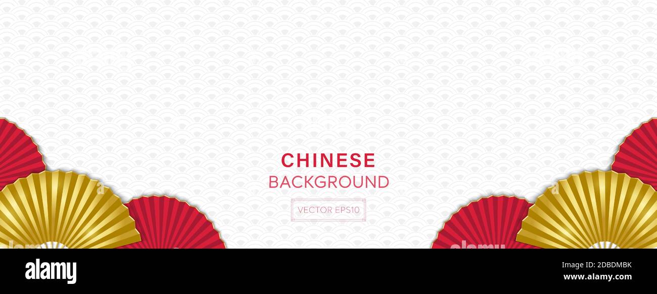 Orientalischer Stil weiß grau Wellenmuster Banner Hintergrund mit rot Und Gold chinesischen Fans an Grenzen Stock Vektor