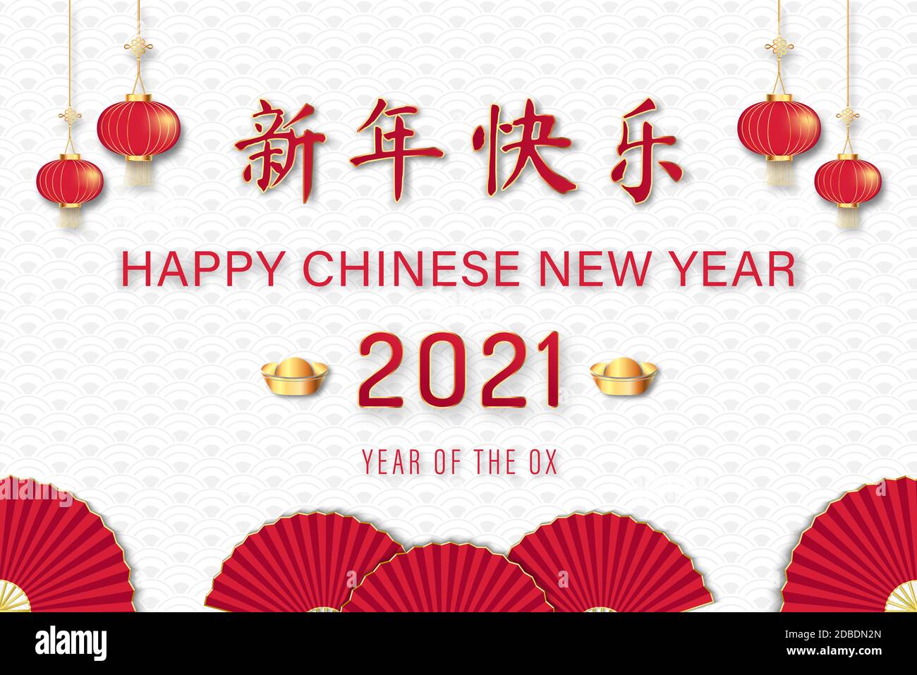 Roter chinesischer Text bedeutet glückliches neues Jahr mit chinesischem Stil Dekoration auf weiß grau Wellenmuster Hintergrund für 2021 Jahr Des Ochsen Stock Vektor