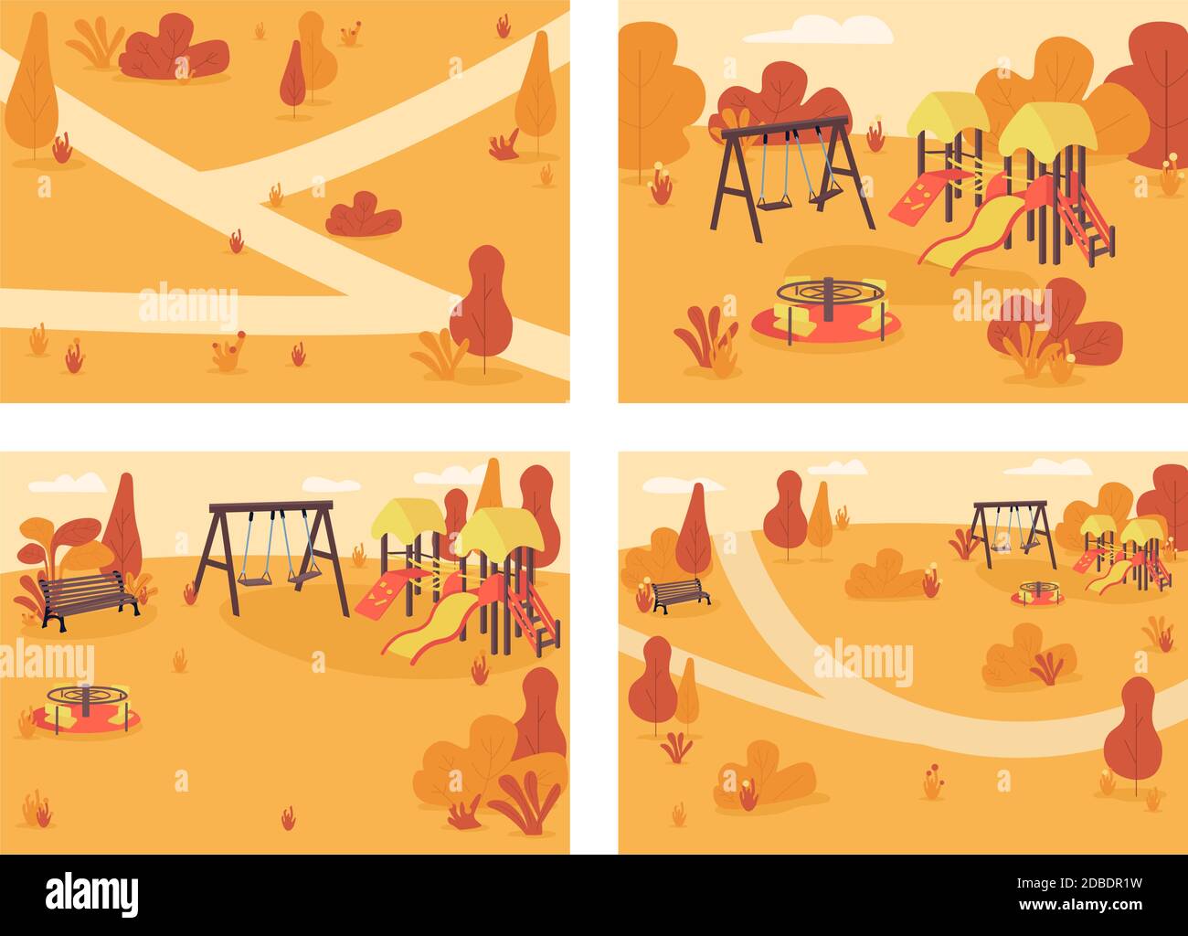 Öffentlicher Park im Herbst Zeit flache Farbe Vektor Illustration Set Stock Vektor
