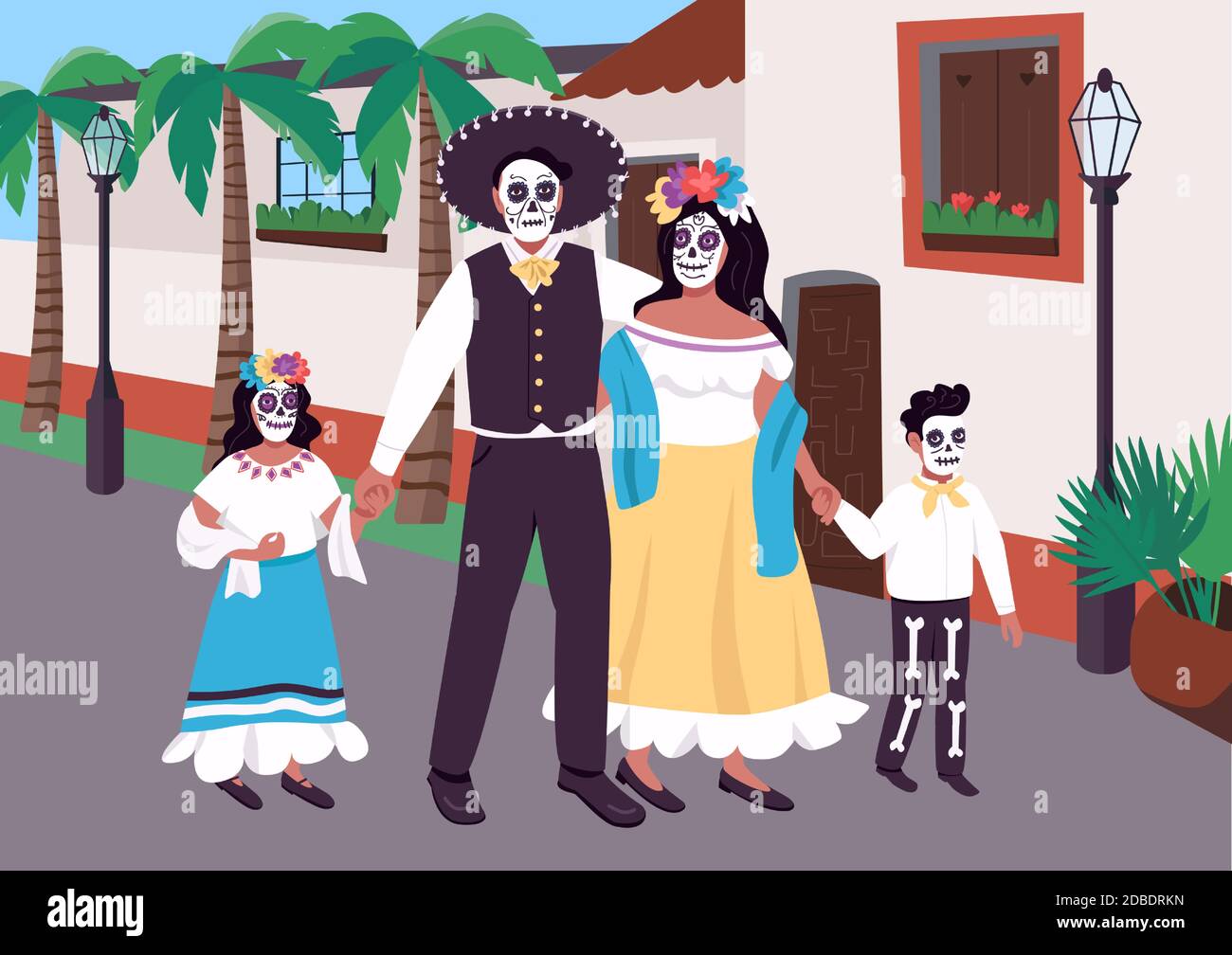 Mexikanische Familie an Karneval flache Farbe Vektor Illustration Stock Vektor