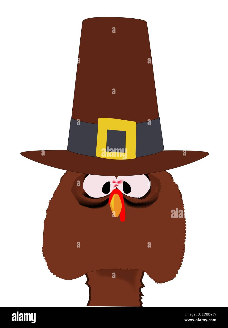 Eine Karikatur Thanksgiving-Truthahn mit Pilger Hut, isoliert auf einem weißen Hintergrund. Stockfoto