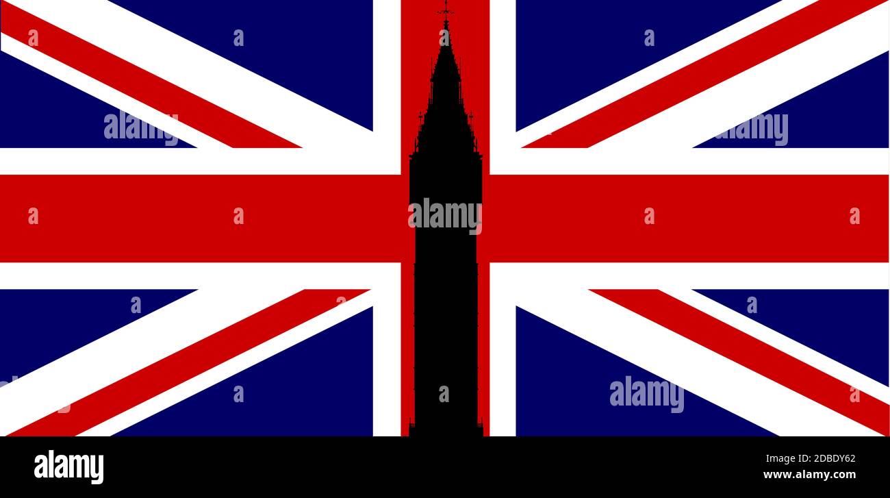 Der Londoner Wahrzeichen Big Ben Clocktower in Silhouette über einer Unionsflagge, öfter Union Jack genannt. Stockfoto