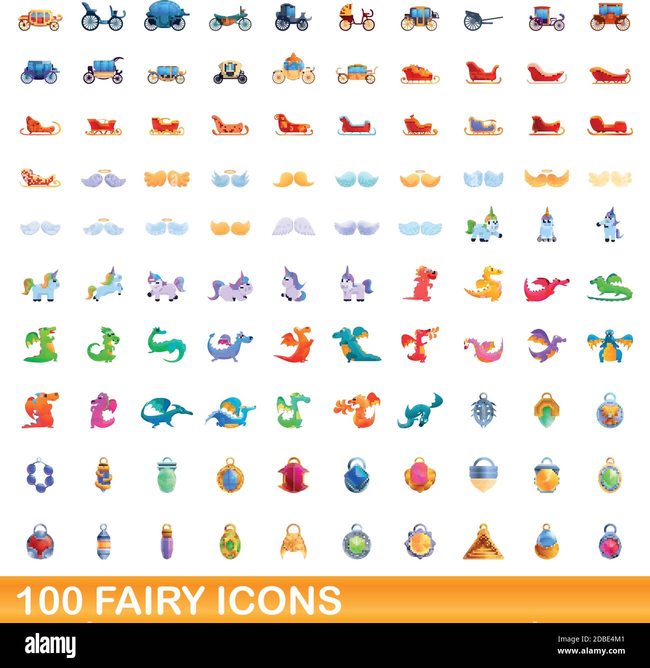 100 Fairy Icons Set. Cartoon Illustration von 100 Märchen-Symbole ...