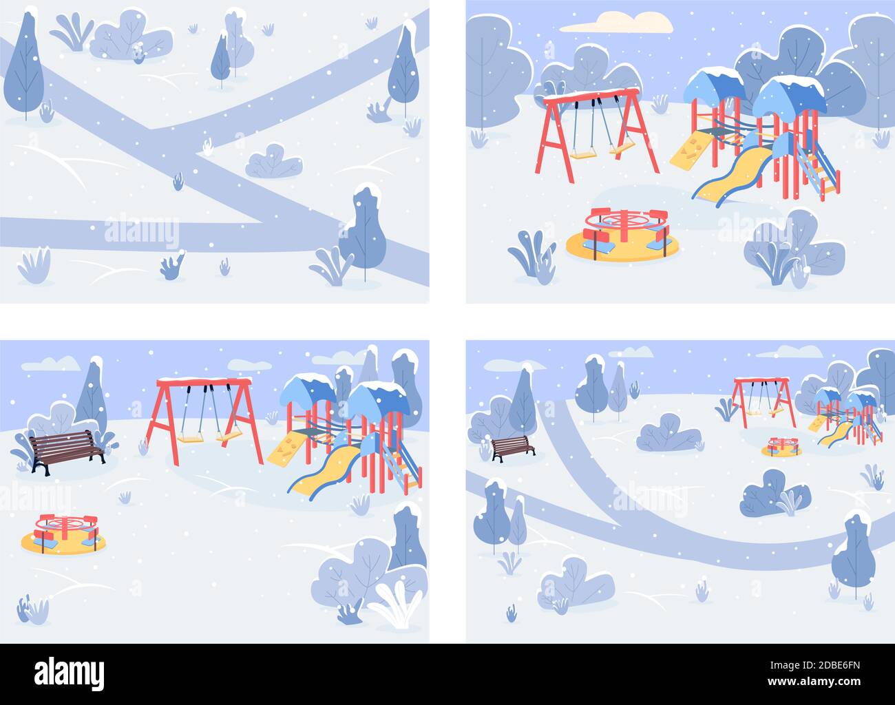 Öffentlicher Park im Winter flache Farbe Vektor Illustration Set Stock Vektor