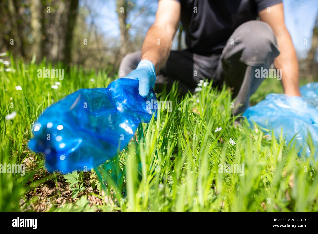 Safe Planet, Mann Freiwillige Hand Abholung Müll im Wald für saubere Planeten, Umwelt-und ökologische freundlich Stockfoto
