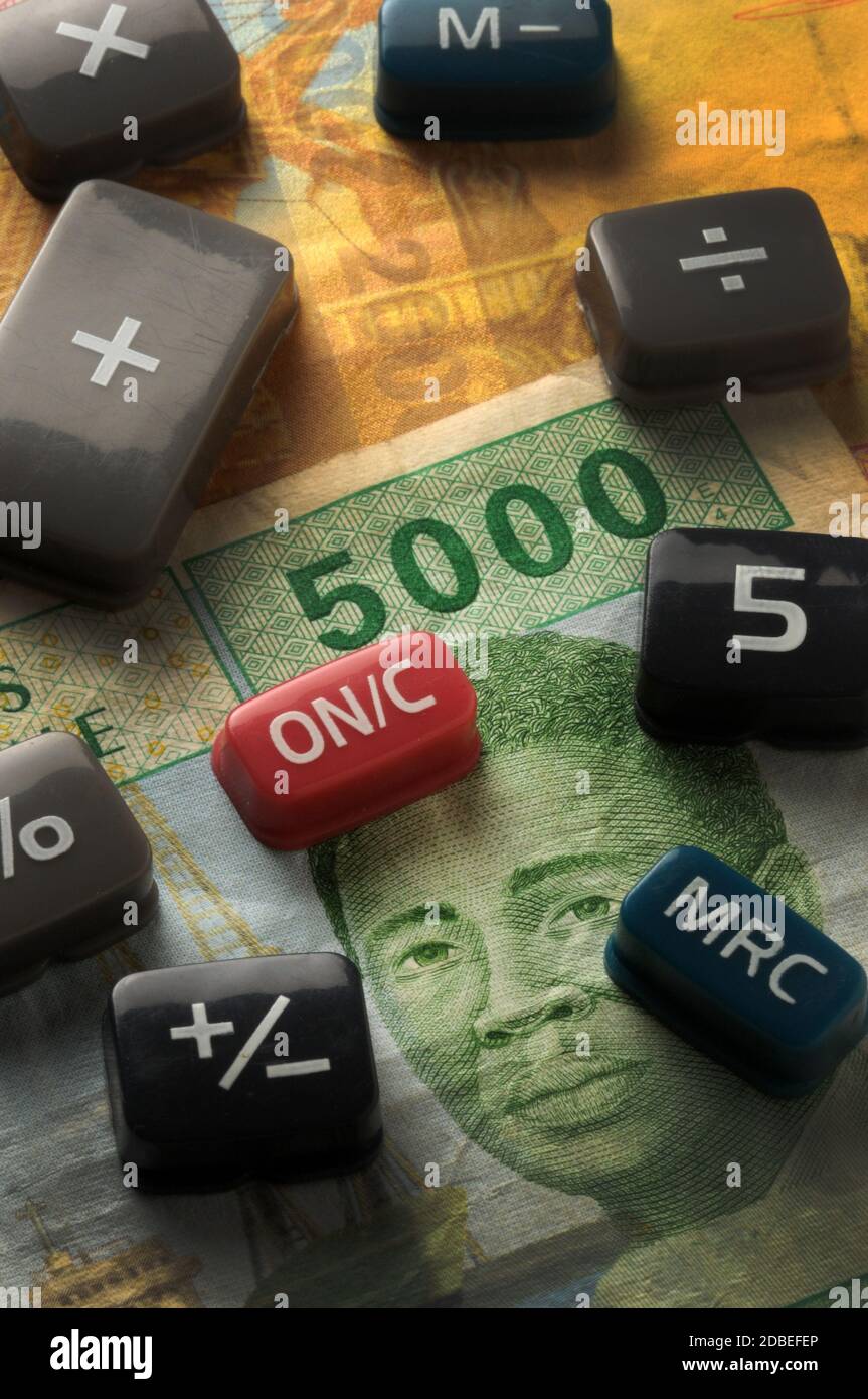 Tasten des elektronischen Rechners auf cfa Francs Stockfoto