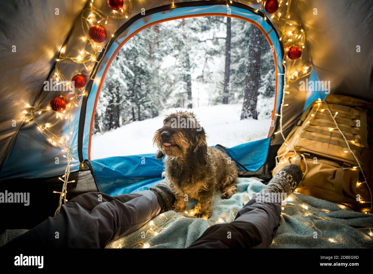 Ein Mann, der in einem mit Weihnachtslichtern geschmückten Zelt liegt und warme Holzsocken trägt. Schöner Winter wilden Wald mit Schnee bedeckt. Selbstisolierung Stockfoto