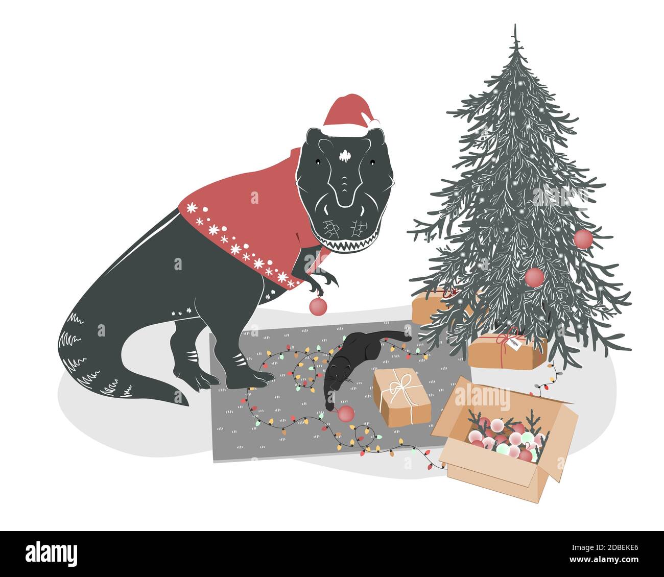 Cute T rex Dinosaurier mit einer spielenden Katze Dekoration Weihnachtsbaum. Tyrannosaurus Weihnachtshaus. Festlicher Winterdruck, Vektorgrafik Stock Vektor