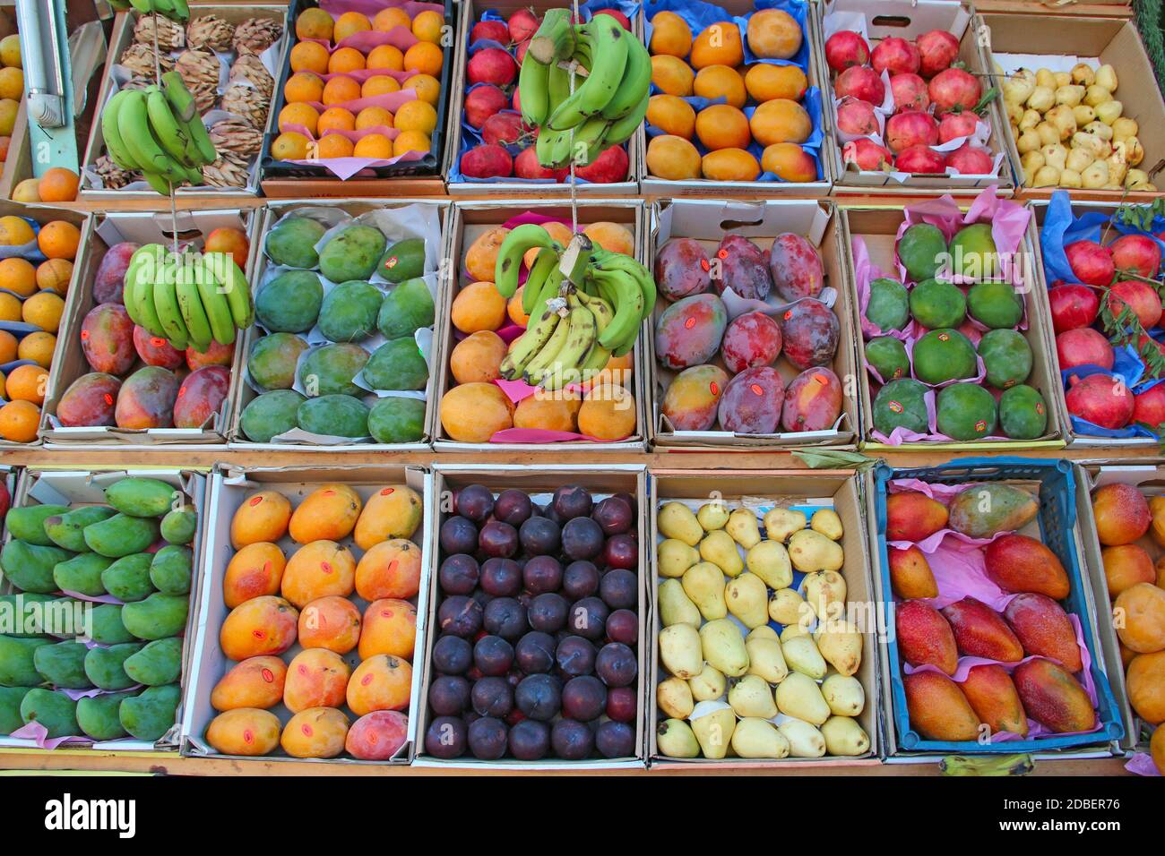 Obst wird in Tablett von Straßenhändler verkauft. Obsttabletts für den Verkauf von Mangos, Granatäpfel, Bananen, Pflaumen, Guave, Orangen. Frisches Obst im Geschäft. Stockfoto