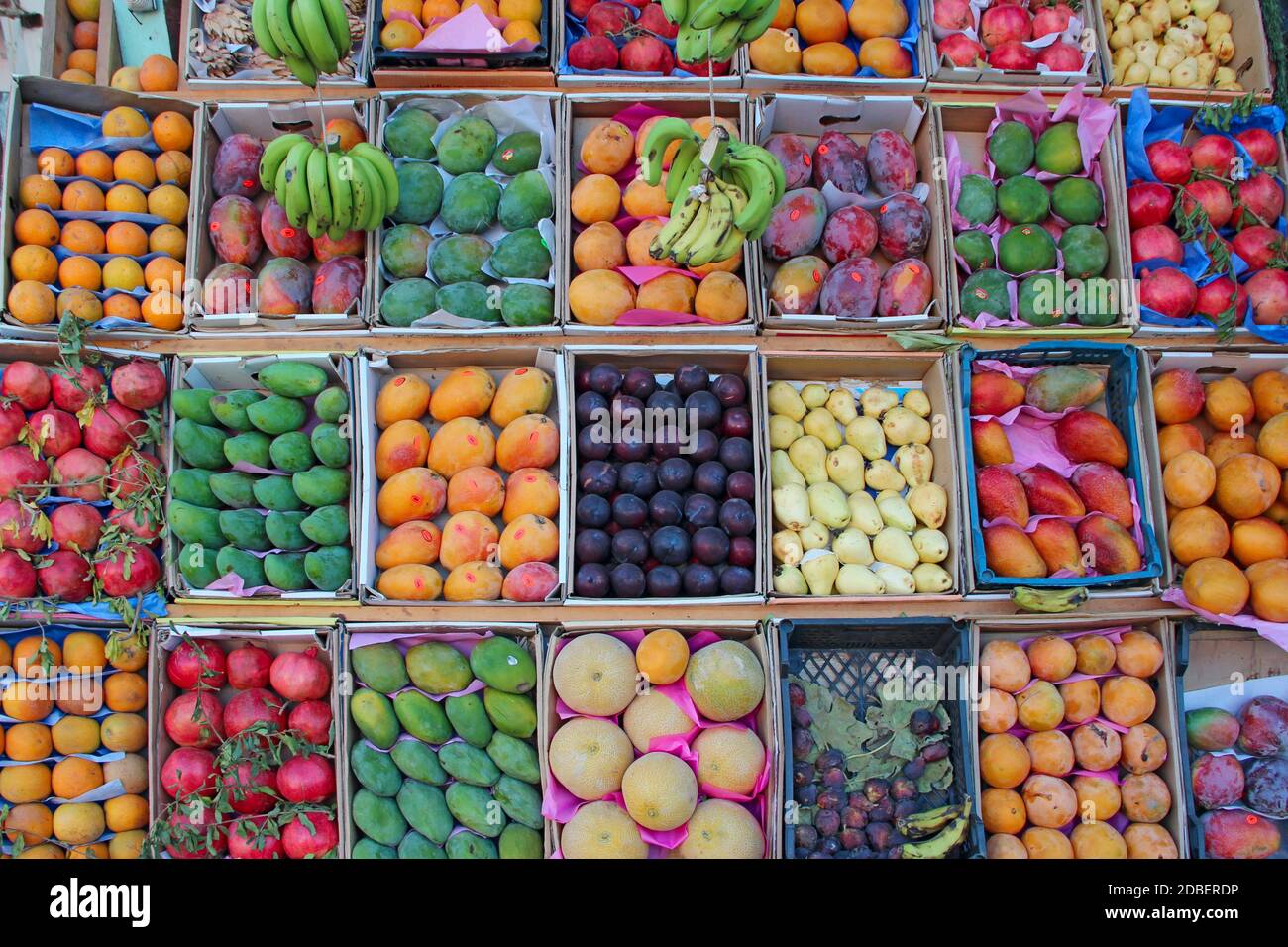 Obst wird in Tablett von Straßenhändler verkauft. Obsttabletts für den Verkauf von Mangos, Granatäpfel, Bananen, Pflaumen, Guave, Orangen. Frisches Obst im Geschäft. Stockfoto