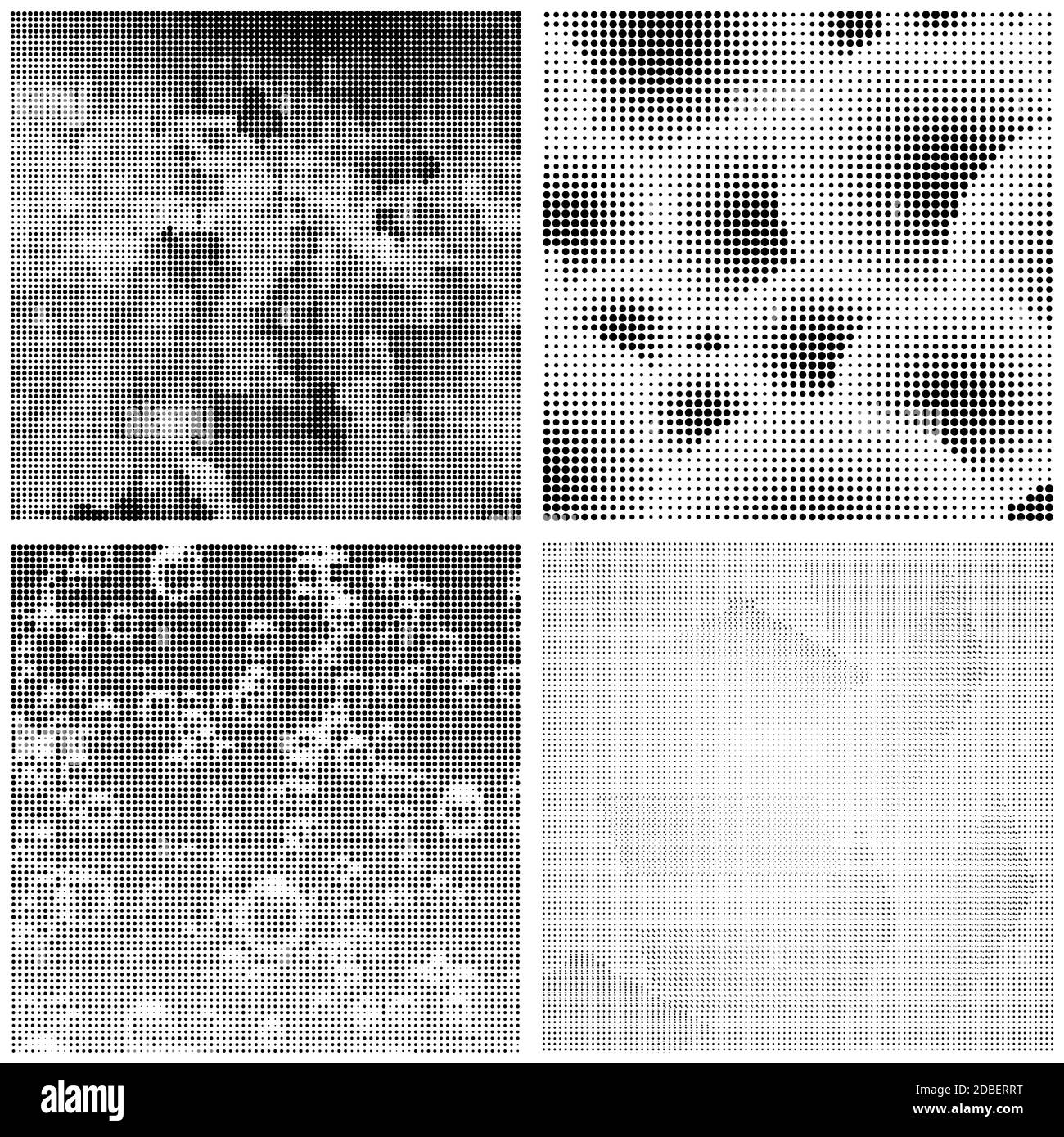 Rasterungsmuster. Satz von Punkten. Gepunktete Textur auf weißem Hintergrund. Overlay Grunge Template. Not Linear Design. Fade Schwarzweiß-Punkte. Pop Art Ba Stockfoto