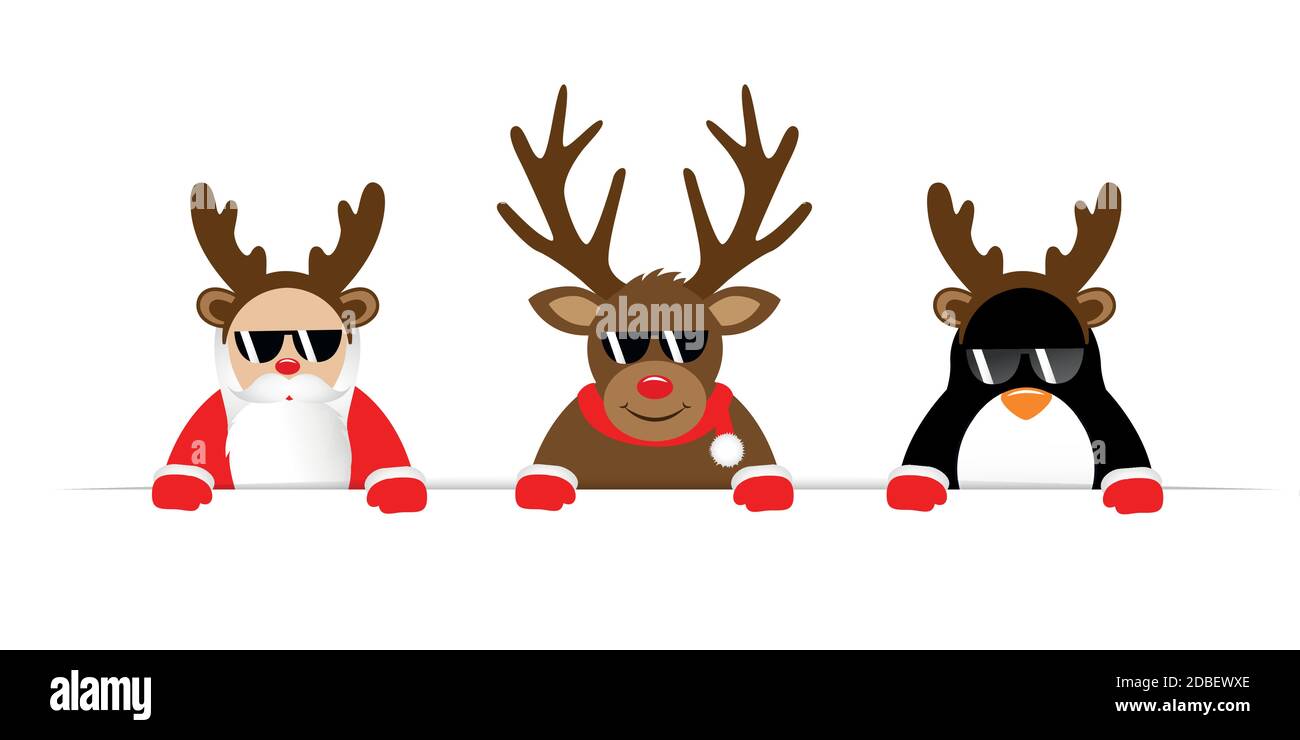 Lustige weihnachten Cartoon mit niedlichen Rentier santa und Pinguin mit Sonnenbrille und Geweih Vektor Illustration EPS10 Stock Vektor