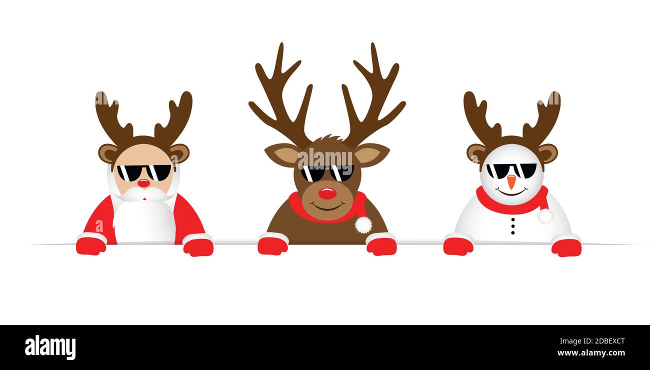 Lustige Weihnachten cartoon mit niedlichen Rentiere Weihnachtsmann und Schneemann mit Sonnenbrille und Geweih Vektor-illustration EPS 10. Stock Vektor