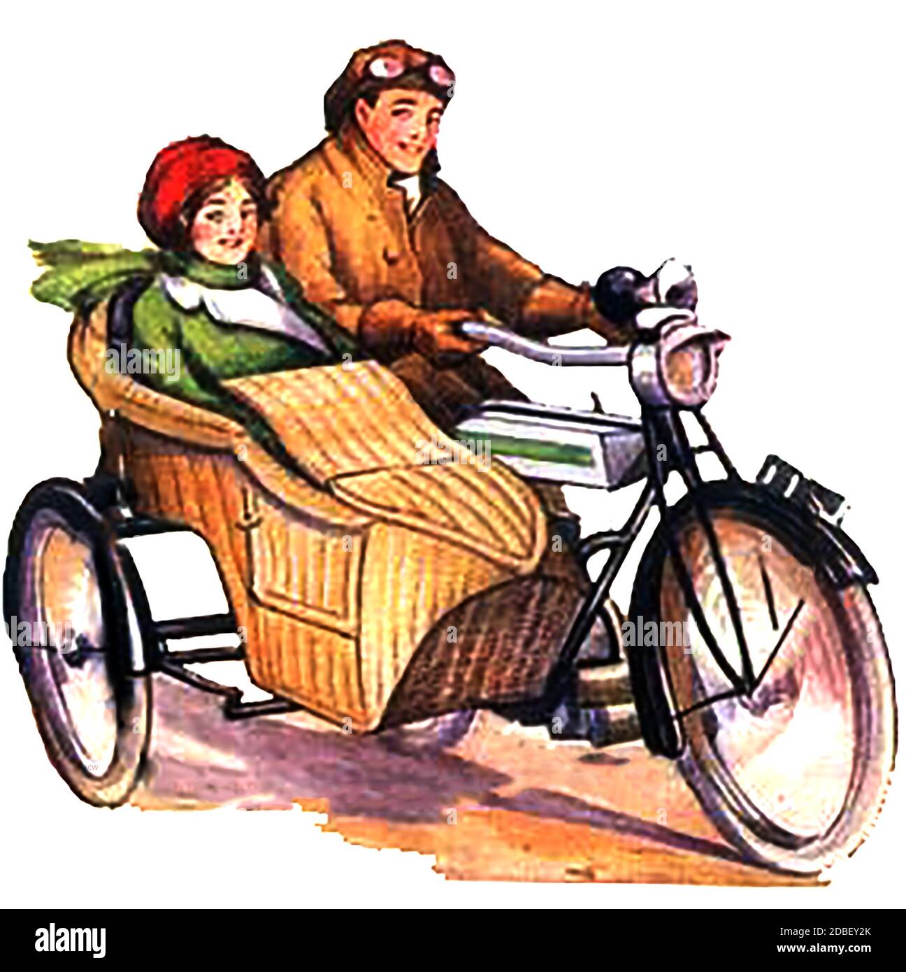 Ein seltenes und ungewöhnliches frühes Bild eines Mannes und einer Frau auf einem Motorrad mit gewebtem Flechtwerk-Seitenwagen. Stockfoto