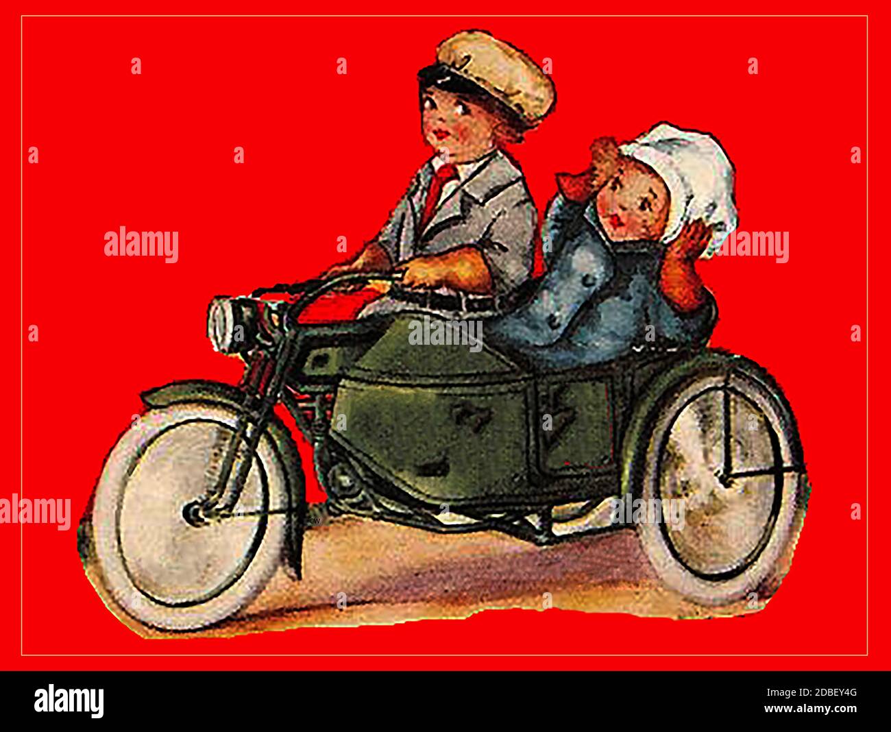 Junge und Mädchen auf einem Motorrad und Seitenwagen (aus einer Postkarte aus den 1930er Jahren). Stockfoto