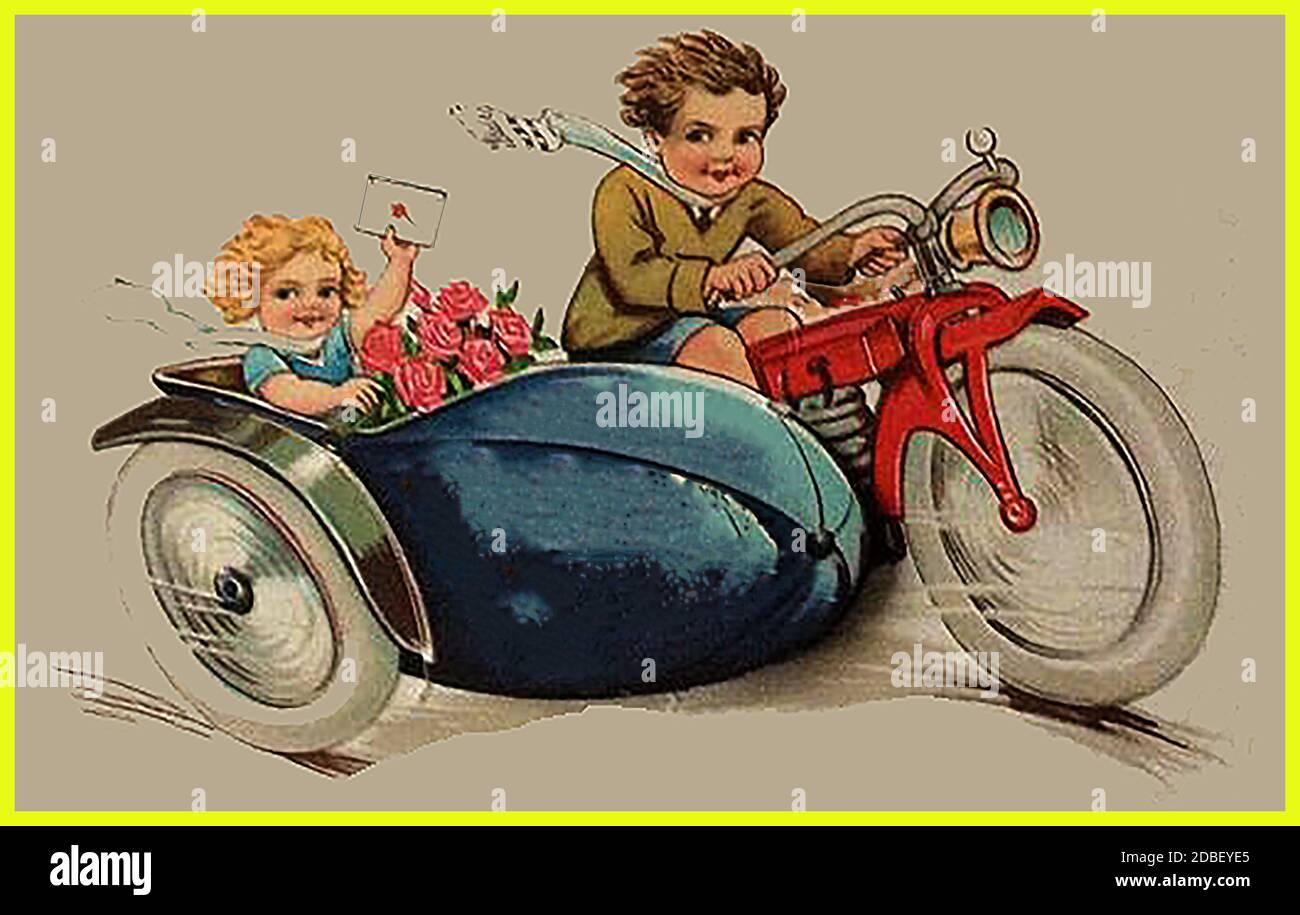 Junge & Mädchen auf einem Motorrad und Seitenwagen (Aus einer frühen polnischen Postkarte) Stockfoto