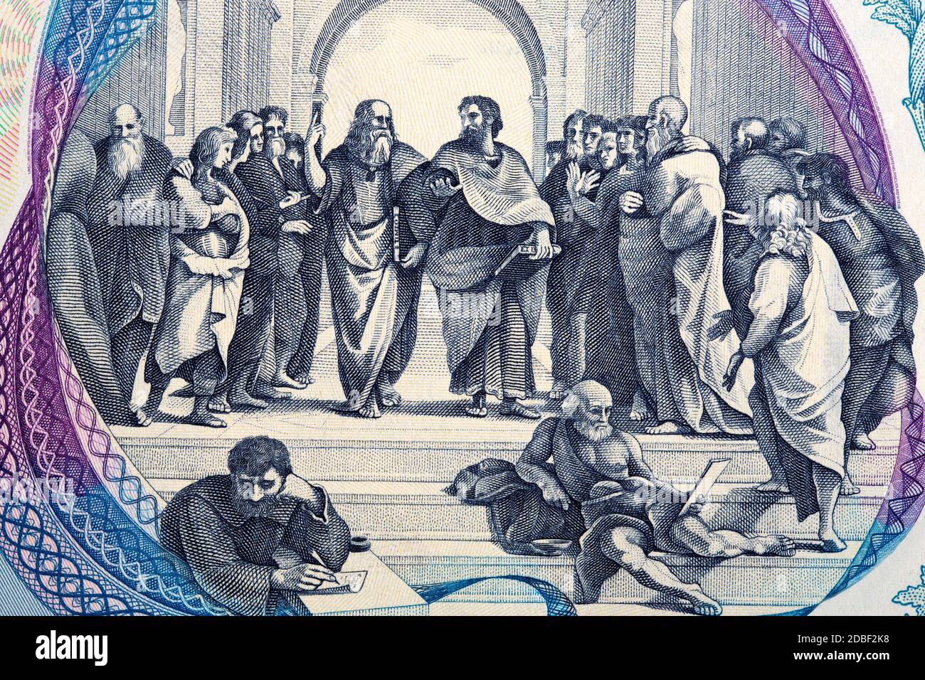 Fresco die Schule von Athen aus altem italienischem Geld Stockfoto