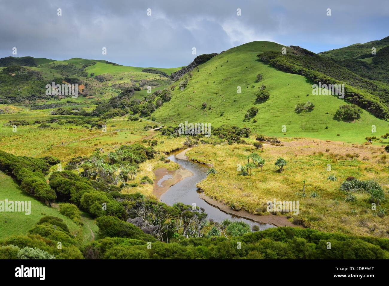 Schöne Landschaft in der Nähe der Puponga Farm Track. Die Sonne kommt unter einem wolkigen Himmel. Neuseeland, Südinsel. Stockfoto