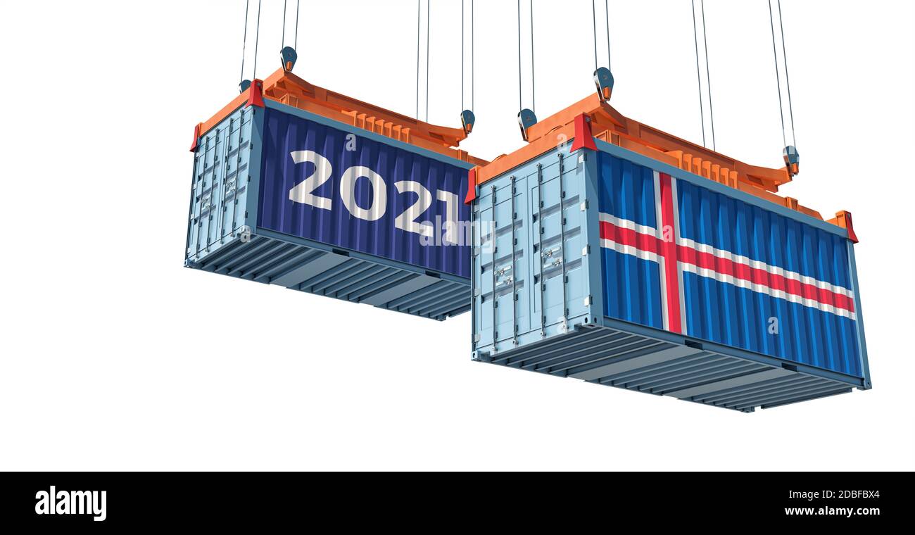 Handel 2021. Frachtcontainer mit Island Flagge. 3D-Rendering Stockfoto