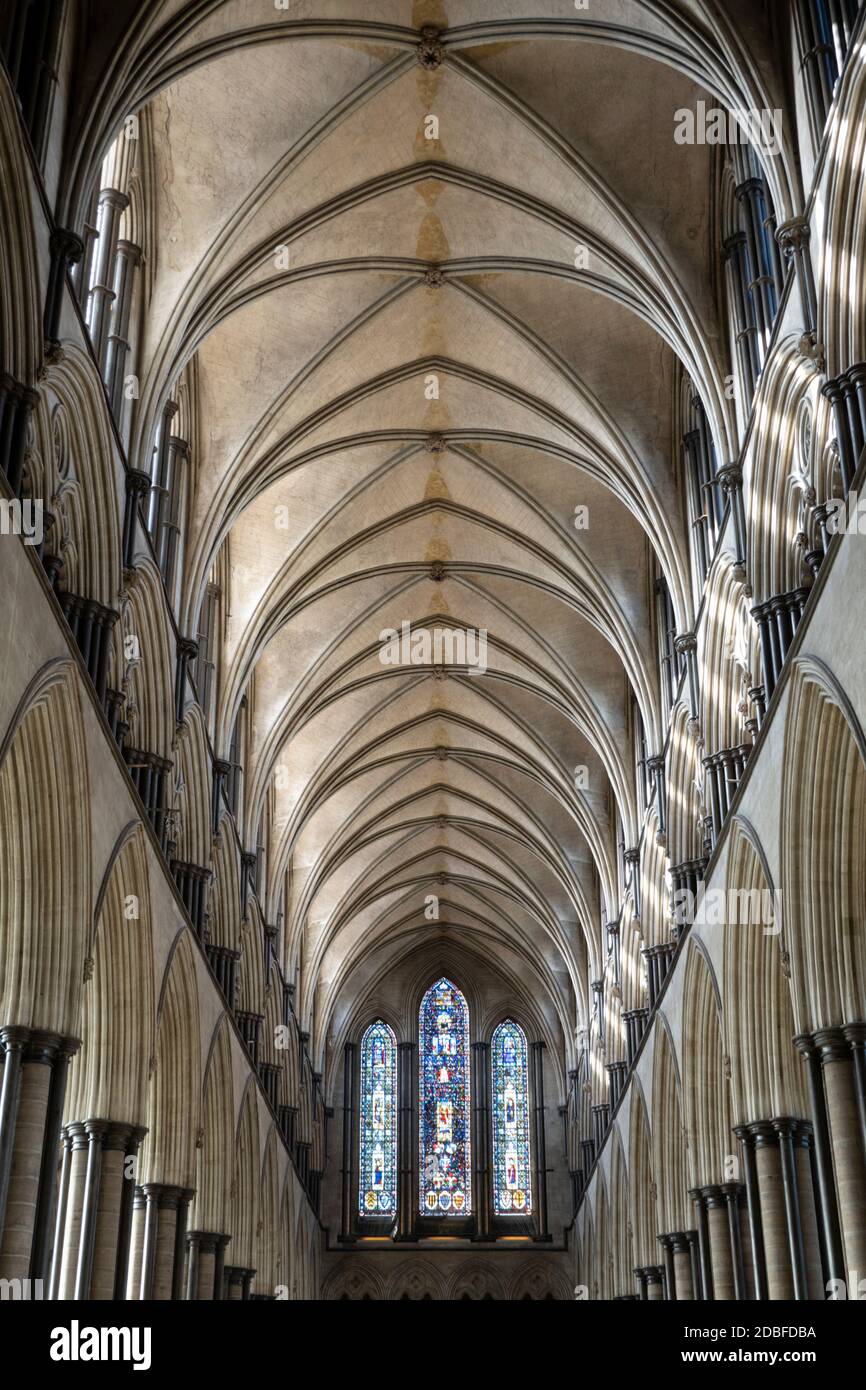 Decke des Kirchenschiffs der Kathedrale von Salisbury, Salisbury, Wiltshire, England, Großbritannien, Europa Stockfoto