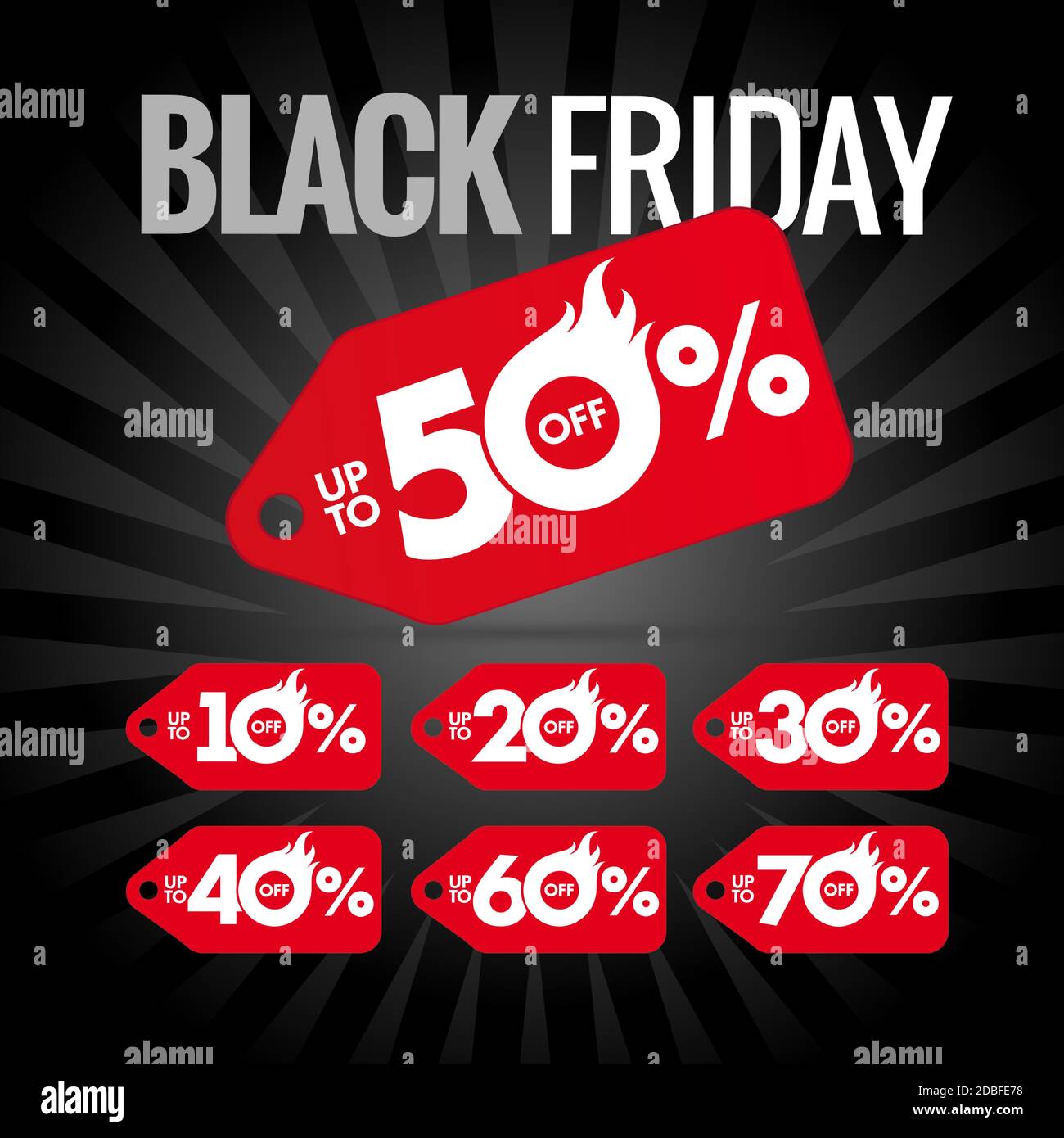 Black Friday Rabatt Label heißen Verkauf, bis zu 50% Rabatt. Sonderangebot rote Etiketten für Black Friday Design Banner mit schwarzen Balken. Herbstrabatt-Poster Stock Vektor