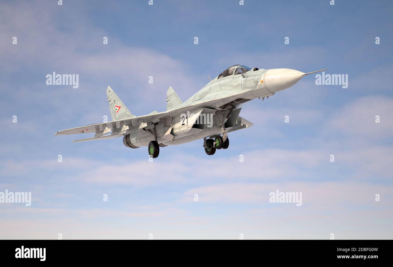 Militärjäger MiG 29, Landung/Start. 3d-Darstellung. Stockfoto