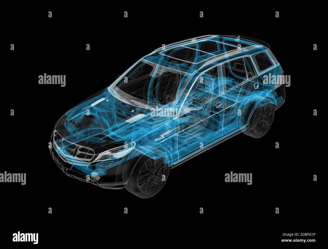 Technische 3d-Darstellung von SUV-Auto mit Röntgeneffekt und Fahrwerk-System. Perspektivische Ansicht auf schwarzem Hintergrund. Stockfoto