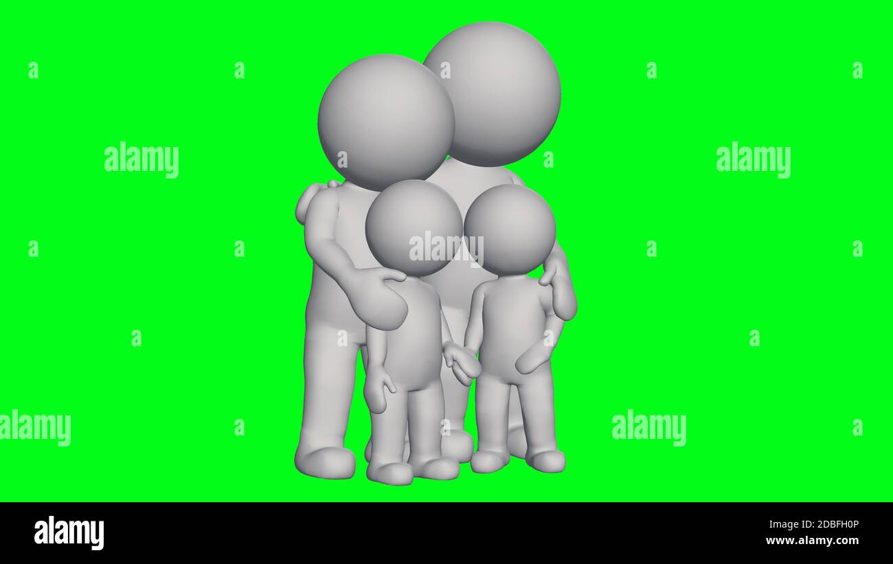 3D-Menschen - kleine Familie auf grünem Bildschirm Stockfoto