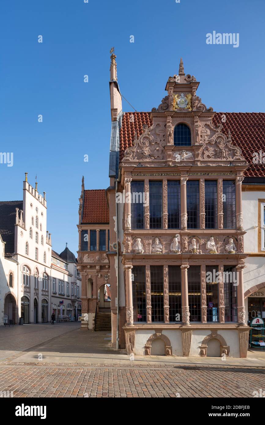 Lemgo, Marktplatz mit Rathaus, Apothekenausluft, Anbau des Apothekenbaus Stockfoto