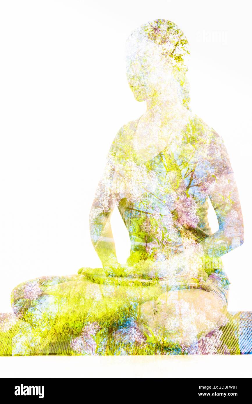 Natur Harmonie gesunde Lebensweise Konzept - Doppelbelichtung Bild von Frau, die Yoga Asana Lotus Position padmasana mit bhairava mudra Asana exercis Stockfoto