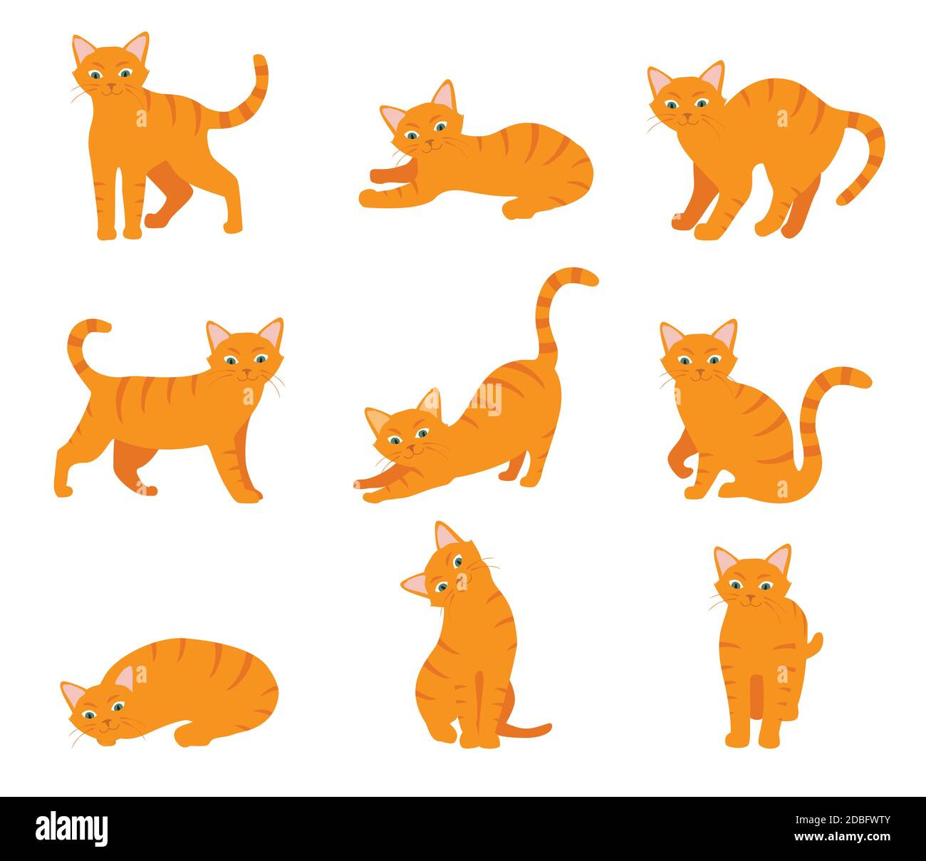 Cartoon Katze Set mit verschiedenen Posen und Emotionen. Katzenverhalten und Körpersprache. Ingwer Kitty in einfachen Stil, isoliert Vektor-Illustration. Stock Vektor