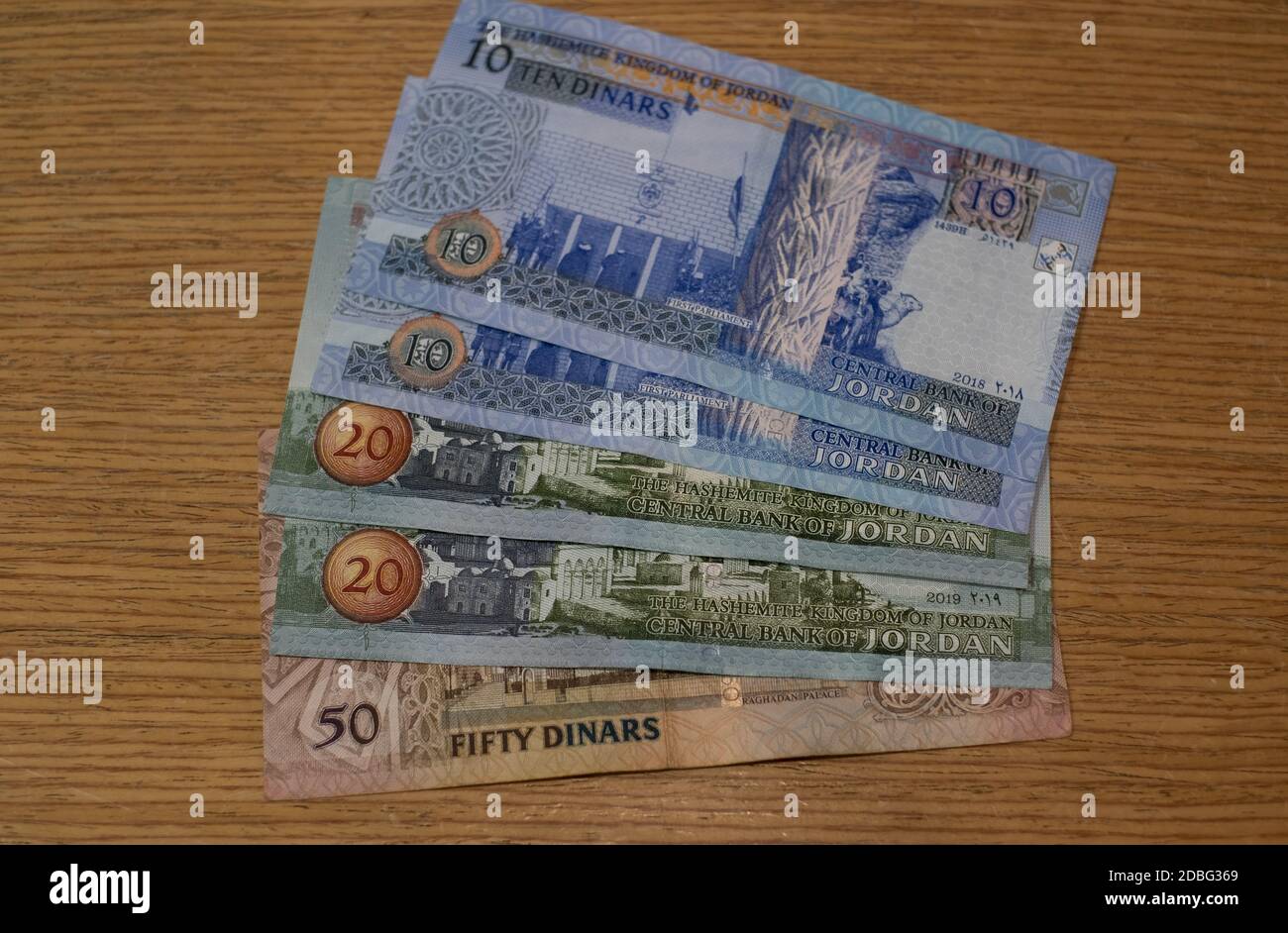 Jordanischer Dinar-Papiergeld. Jordanische Banknoten in Landeswährung. Stockfoto