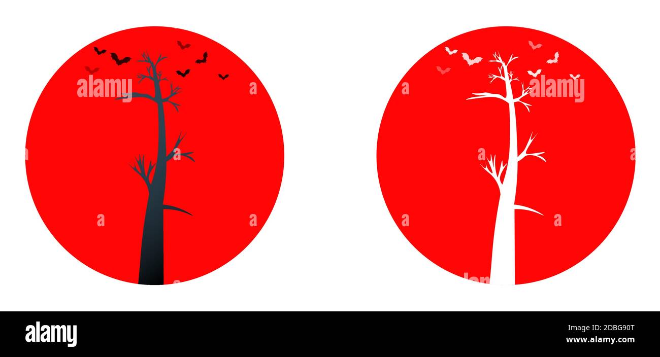 Vector Baum mit Fledermäusen auf rotem Hintergrund halloween. Symbole für Web und mobile Geräte. EPS 10 Stock Vektor
