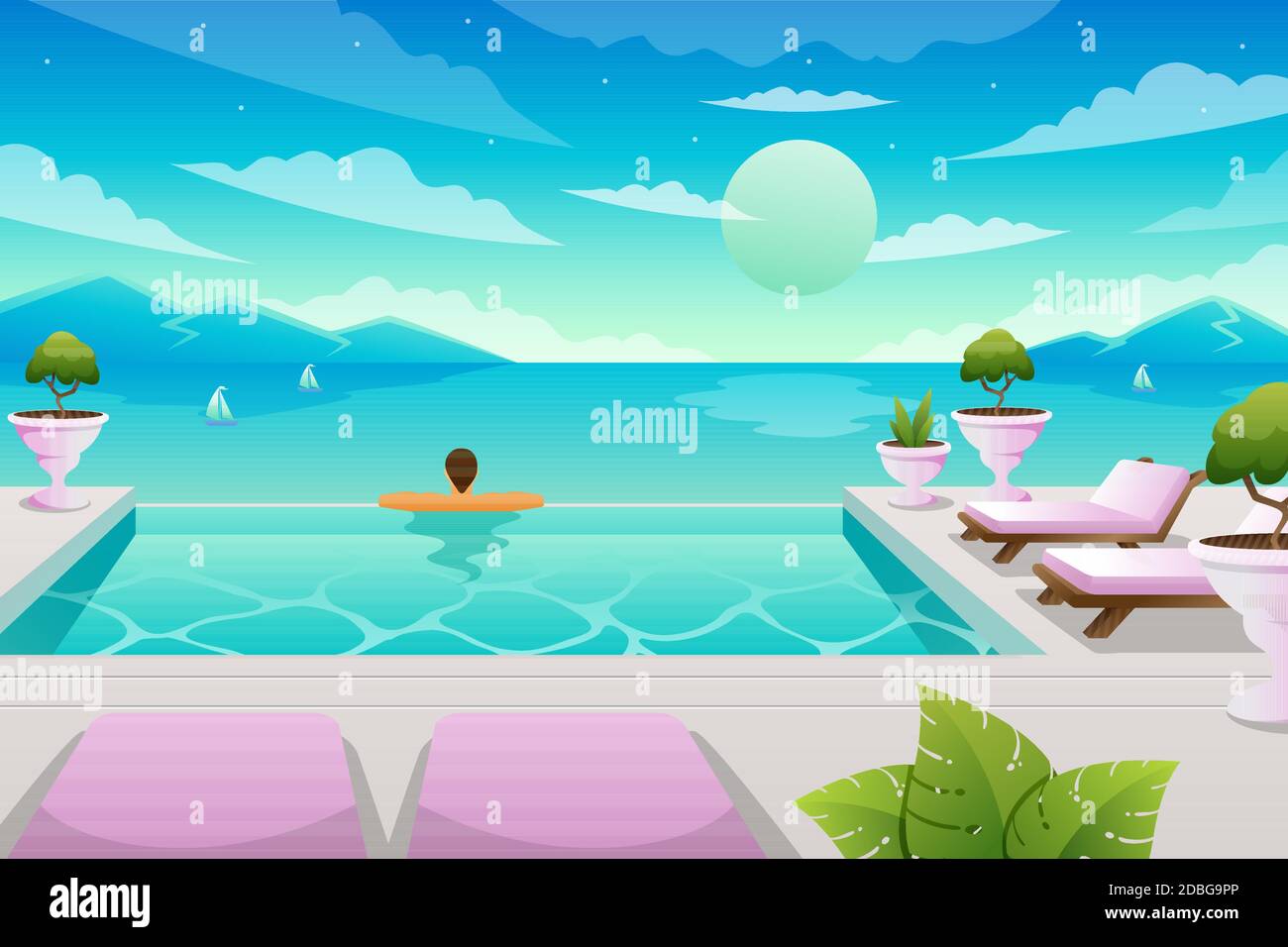 Sommerlandschaft mit Mann im Pool Vektor-Illustration Stock Vektor