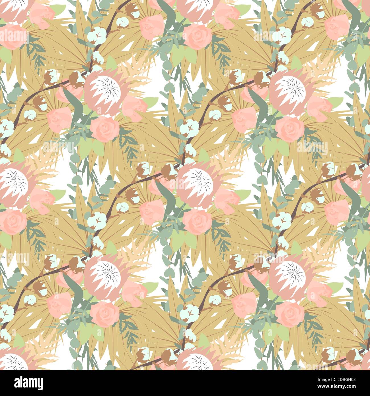 Florales Boho-Nahtloses Muster mit tropischen Blumen und Blättern. Stock Vektor