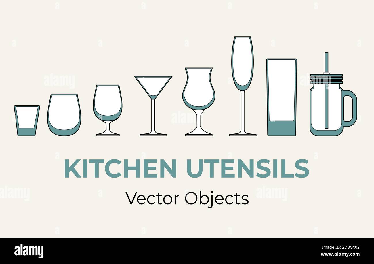 Glassgeräte Vektor Isolate Set. Shot Wein Champagner Cocktail Brandy Cognac Ballon Gläser Mason Glas Vektor Illustration Stock Vektor
