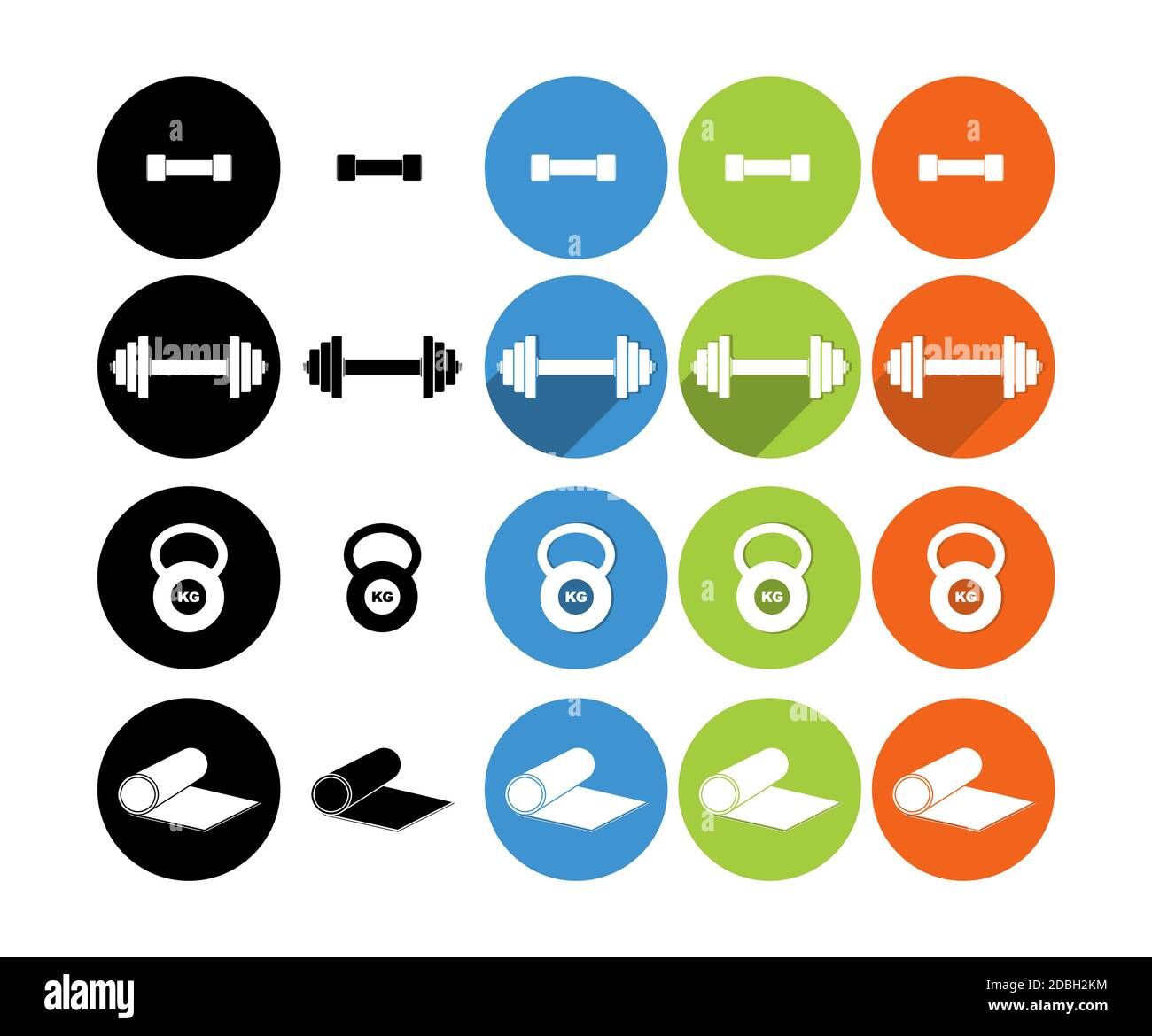 Sportgeräte flache Symbole für Web und mobile eingestellt. Set von Kettlebell und Hanteln Gewichte. Boxsack und Boxer. Fußballspieler tritt den Ball Stock Vektor