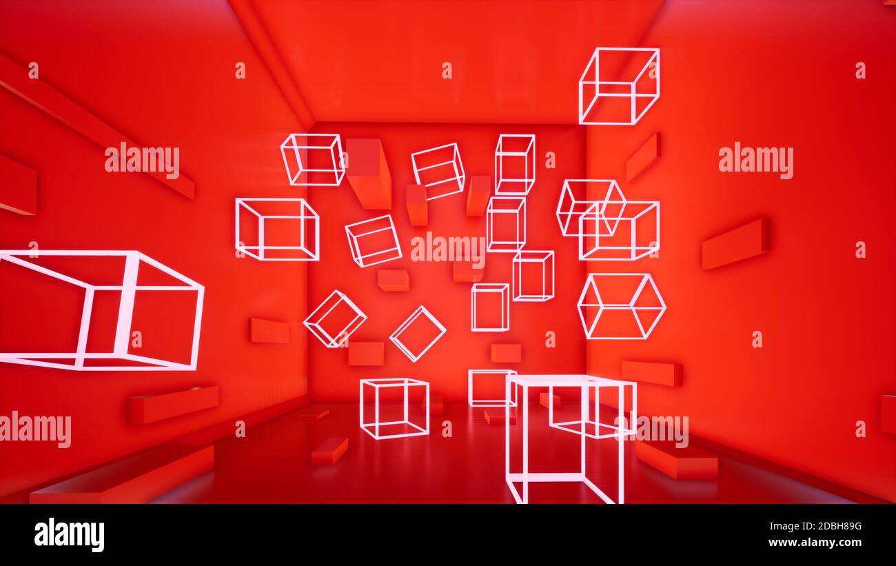 Abstrakter roter Hintergrund mit Neonwürfeln, 3d-Rendering Stockfoto